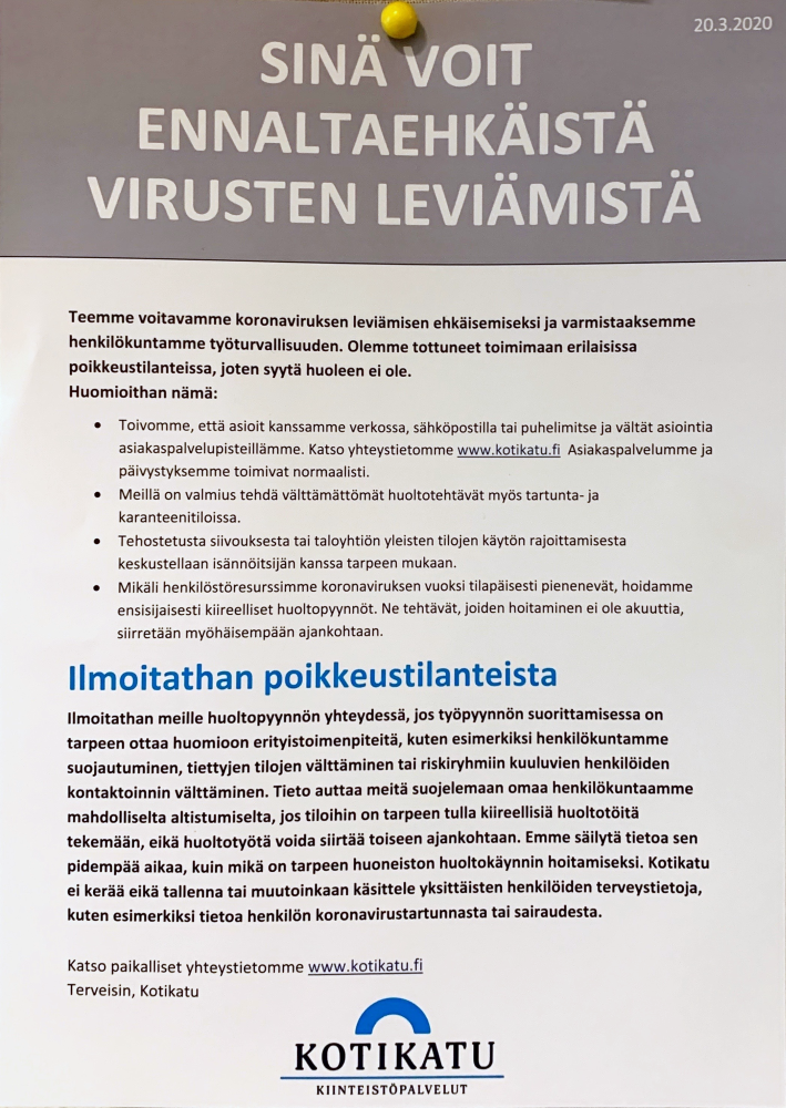 Kotikadun ohje koronaviruksen ennaltaehkäisemiseksi